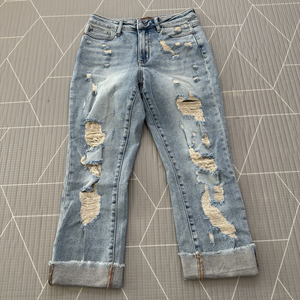 Judy Blue High Waist Double Cuff Fray Hem Distressed Boyfriend Jeans Size 3/26